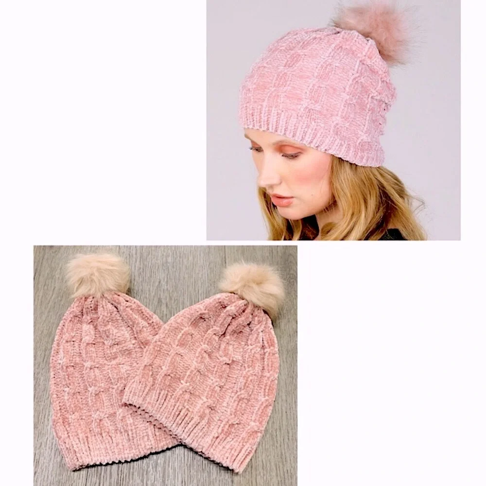 Chenille Blush Pink Color Cable Knit Cozy Winter Hat with Pom Pom One Size